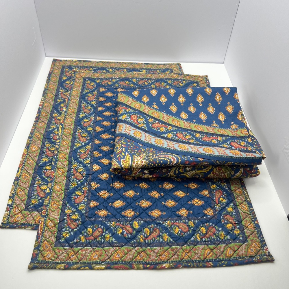 Williams Sonoma Provence Tablecloth Set 2 Placemats 70 Round Cotton Blue Paisley